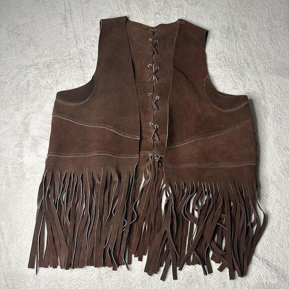 vintage Jackets & Blazers - Vintage 70s Brown Leather Cowboy Fringe Tassel Boho Western Outlaw Vest 20 X 26